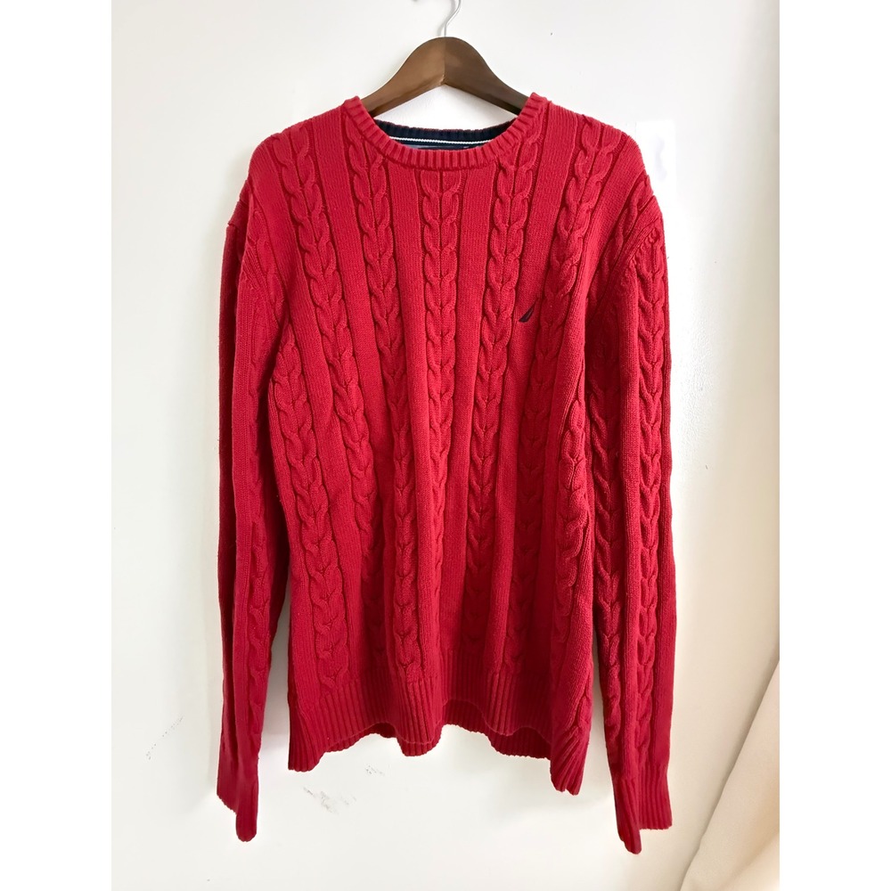 Nautica Mens XL Red Cable Knit Cotton Crew Neck Sweater VFN 10A